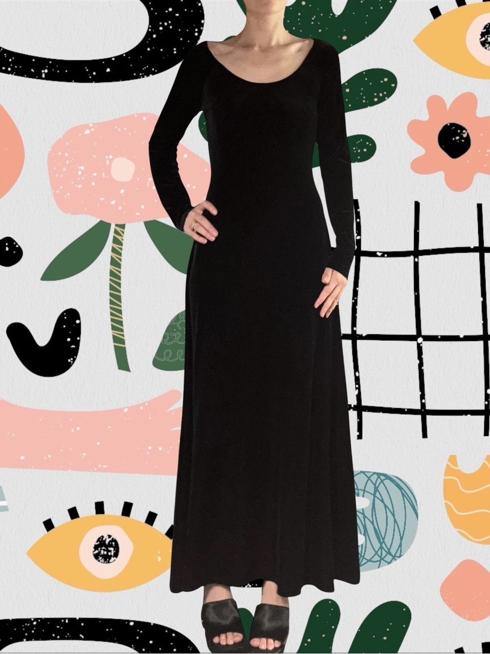 Vintage 90s/Y2K Black Velvet Boat Neck Long Sleeve Maxi Dress